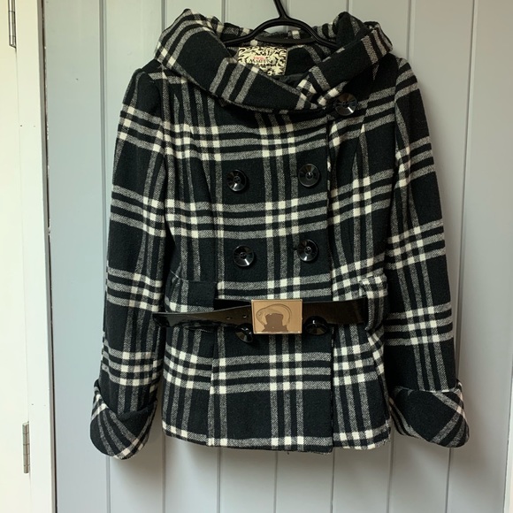 Pink Martini Jackets & Blazers - Pink martini white and black plaid pea coat